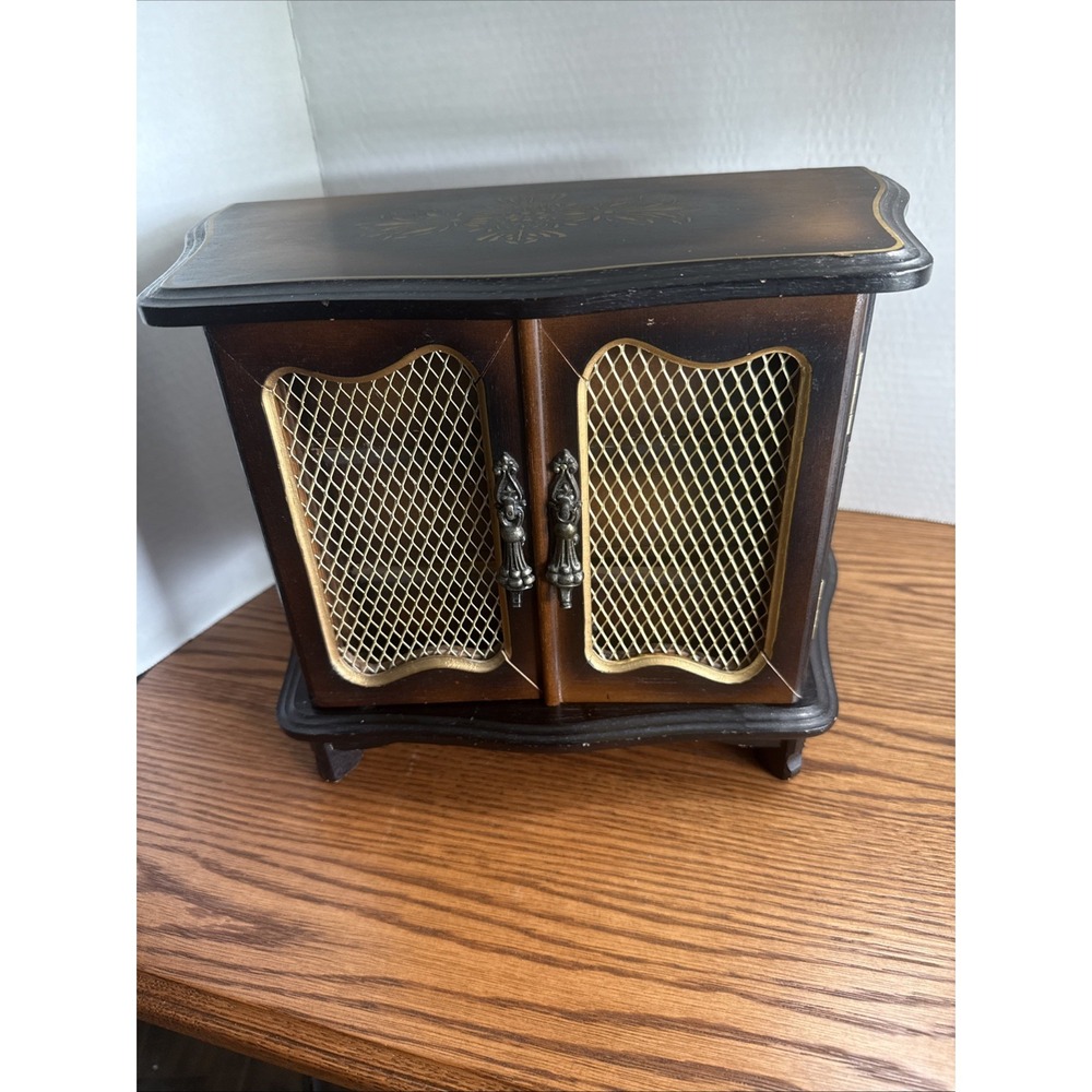Vintage Wood Mesh Door 3 Drawer Footed Musical Jewelry Box - Working